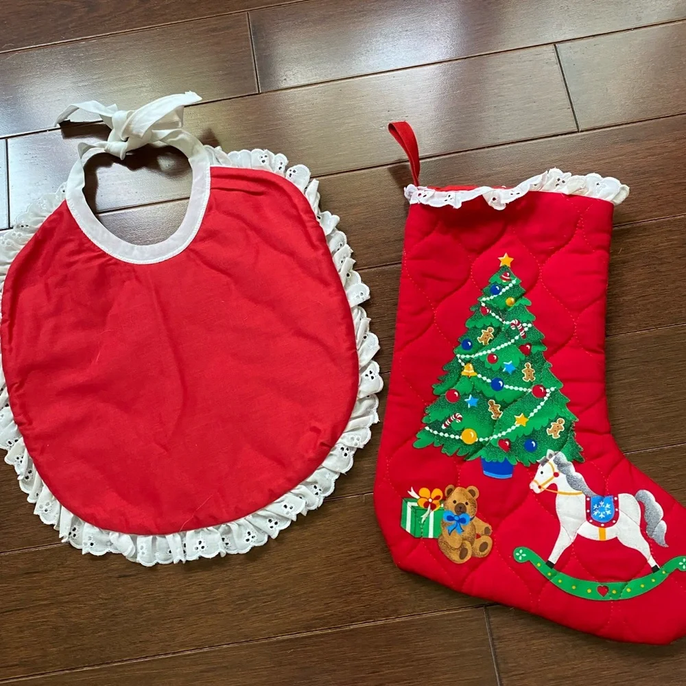 Vintage Baby's First Christmas Red Bib and matching stocking